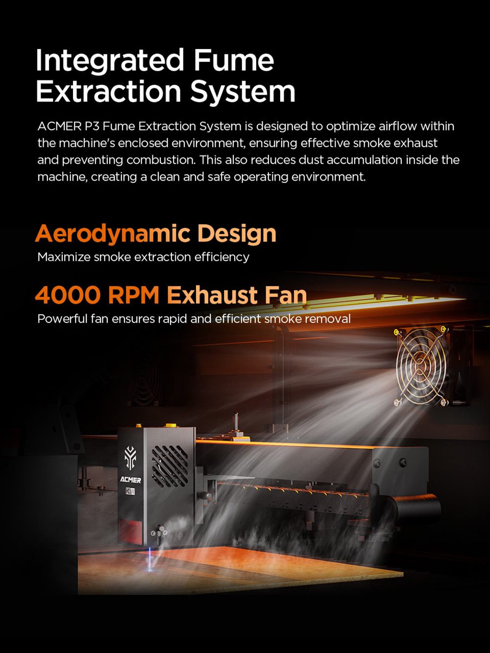 Graveur laser fermé à diode ACMER P3 48 W, 400 x 390 mm, assistance pneumatique intégrée, vitesse de gravure de 48 000 mm/min, précision de 0,01 mm, CoreXY, classe de sécurité laser 1