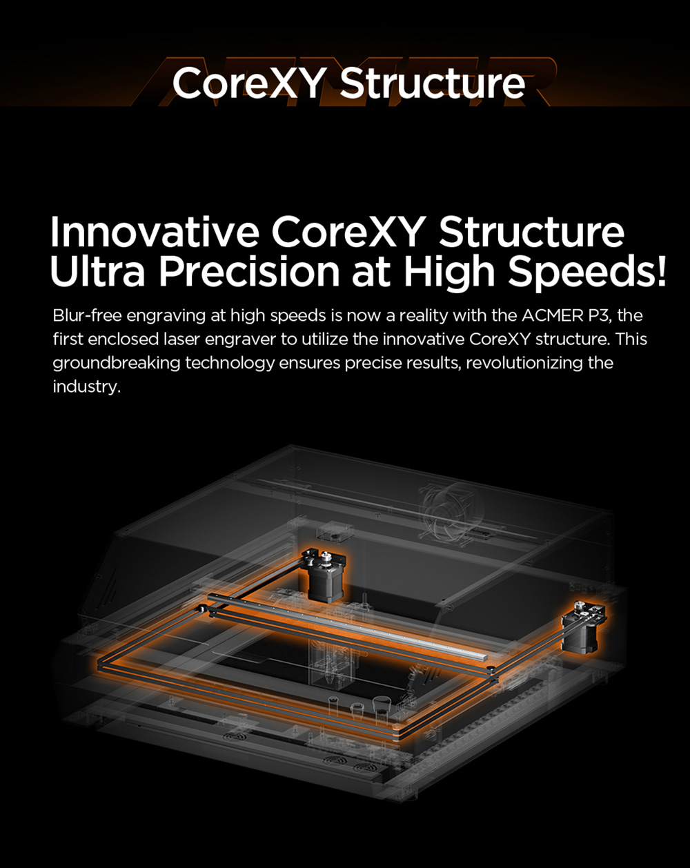 Graveur laser fermé à diode ACMER P3 48 W, 400 x 390 mm, assistance pneumatique intégrée, vitesse de gravure de 48 000 mm/min, précision de 0,01 mm, CoreXY, classe de sécurité laser 1