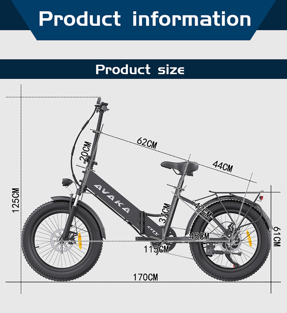 AVAKA K300 Skladací elektrický bicykel, 350W motor, 36V 16Ah batéria, 20*3.0 palcové pneumatiky, max. rýchlosť 31 km/h, dojazd 100 km, predné a zadné kotúčové brzdy, LCD displej, 7-stupňová prevodovka SHIMANO - čierna