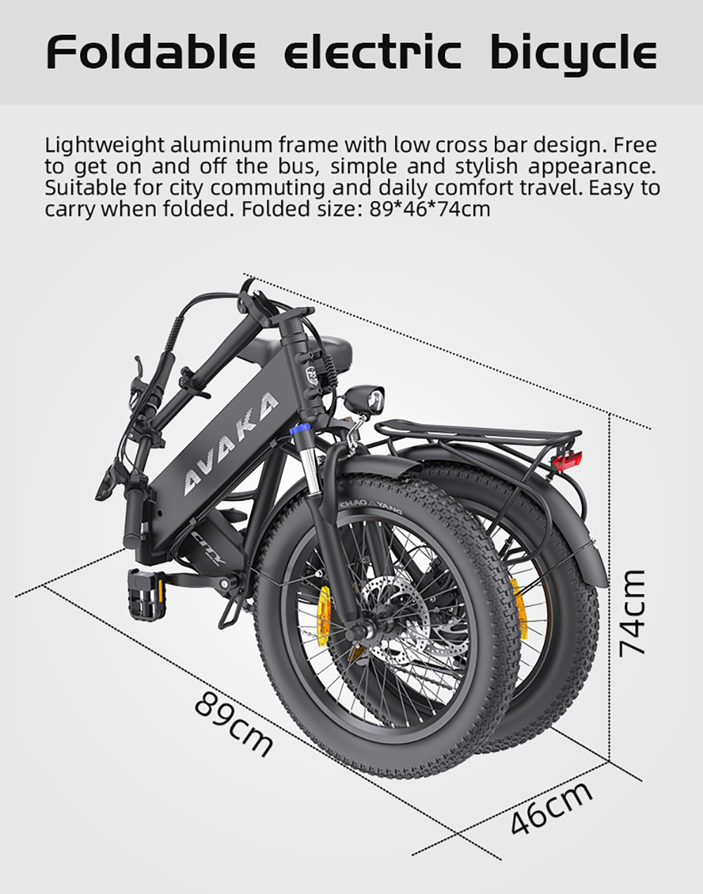 AVAKA K300 Skladací elektrický bicykel, 350W motor, 36V 16Ah batéria, 20*3.0 palcové pneumatiky, max. rýchlosť 31 km/h, dojazd 100 km, predné a zadné kotúčové brzdy, LCD displej, 7-stupňová prevodovka SHIMANO - čierna