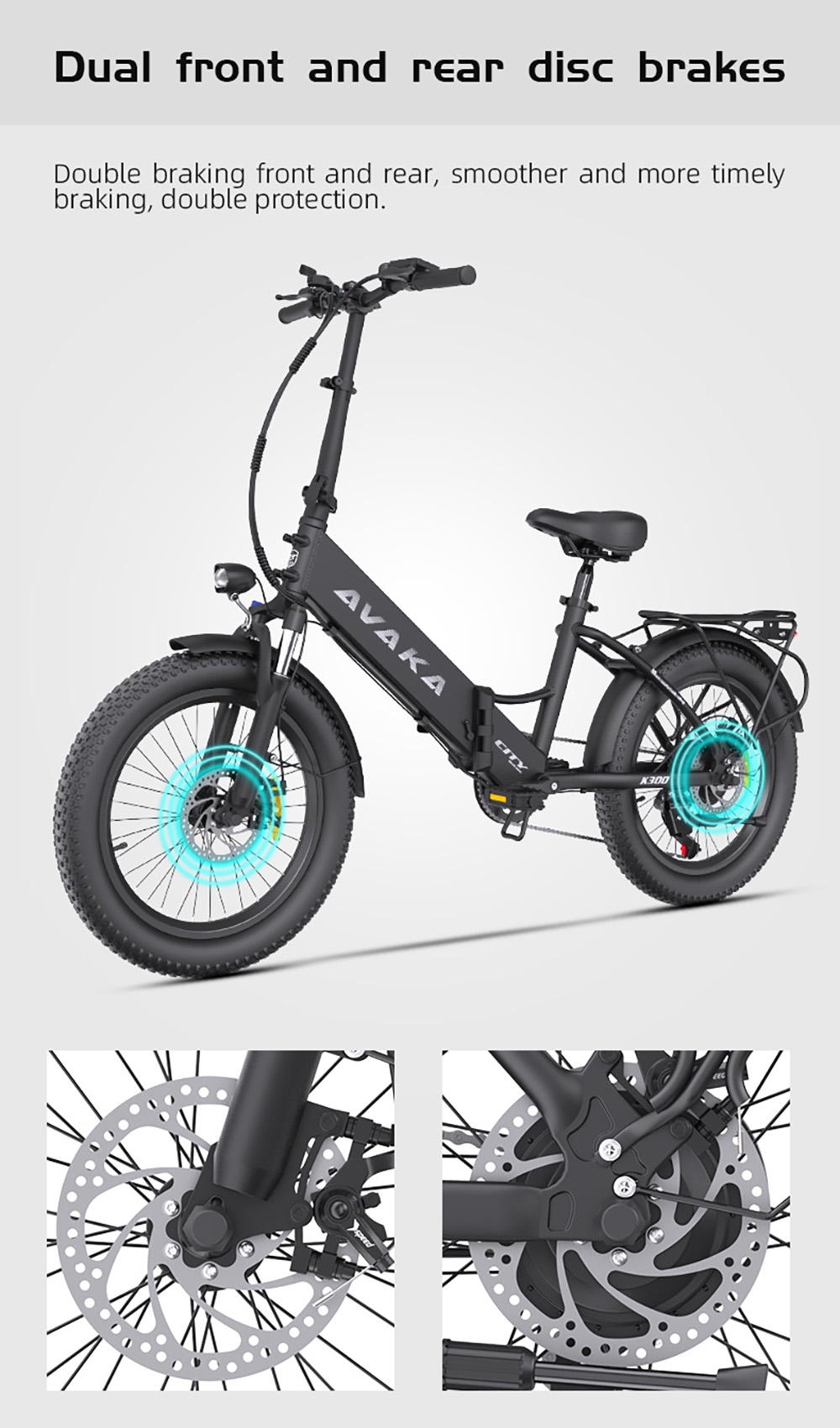 AVAKA K300 Skladací elektrický bicykel, 350W motor, 36V 16Ah batéria, 20*3.0 palcové pneumatiky, max. rýchlosť 31 km/h, dojazd 100 km, predné a zadné kotúčové brzdy, LCD displej, 7-stupňová prevodovka SHIMANO - čierna