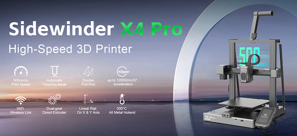 3D tlačiareň Artillery Sidewinder X4 Pro, 240*240*260 mm, rýchlosť tlače 500 mm/s, lineárna lišta v osi X Y, priamy pohon extrudéra, 81 bodov automatického vyrovnávania, dvojitá ťahacia tyč, automatické čistenie dýzy