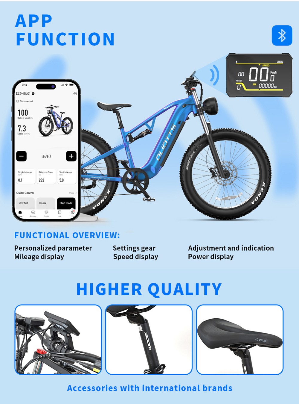 Elektrobicykel DUOTTS E26, 750W motor, 48V 20Ah batéria, 26*4.0 palcové pneumatiky, max. rýchlosť 55 km/h, max. rýchlosť 120 km, hydraulické kotúčové brzdy, predné a zadné odpruženie, Shimano 8 rýchlostí - modrofialový