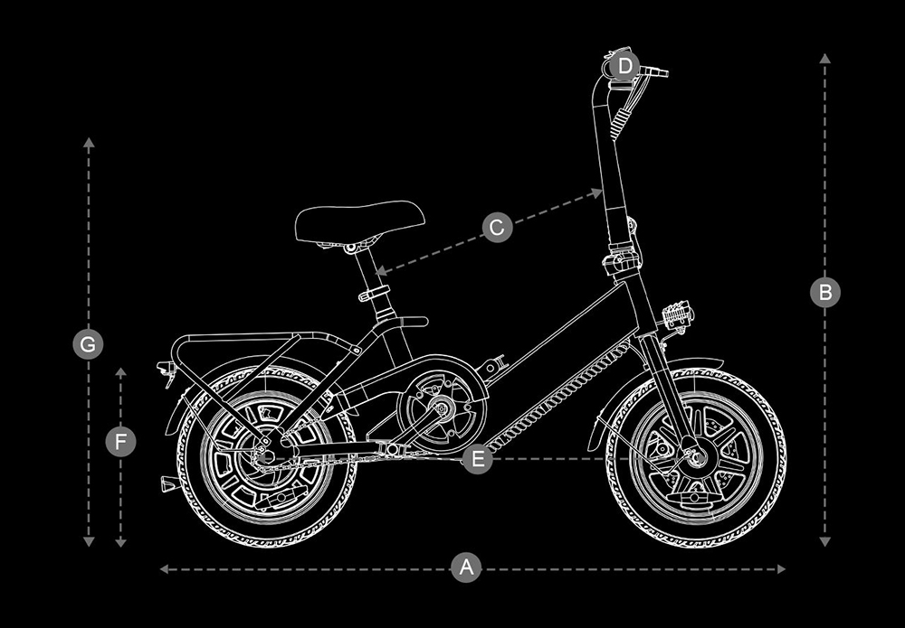 Skladací elektrický bicykel DYU C3, 250W motor, 36V 7.5AH batéria, 14-palcové pneumatiky, max. rýchlosť 25 km/h, dojazd 37 km, predné a zadné kotúčové brzdy