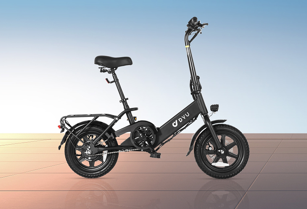 Skladací elektrický bicykel DYU C3, 250W motor, 36V 7.5AH batéria, 14-palcové pneumatiky, max. rýchlosť 25 km/h, dojazd 37 km, predné a zadné kotúčové brzdy