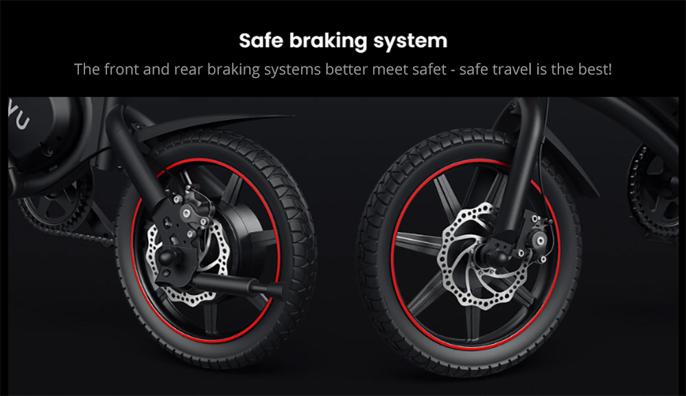 Skladací elektrický bicykel DYU C3, 250W motor, 36V 7.5AH batéria, 14-palcové pneumatiky, max. rýchlosť 25 km/h, dojazd 37 km, predné a zadné kotúčové brzdy