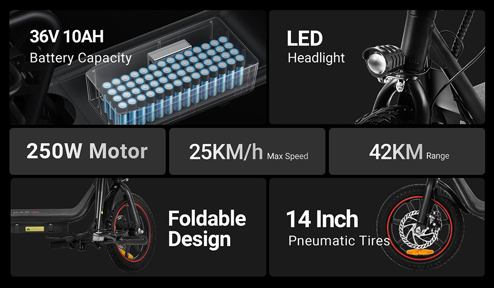 Skladací elektrický skúter DYU C4, 250W motor, 36V 10AH batéria, 14-palcové pneumatiky, max. rýchlosť 25 km/h, dojazd 42 km, predné a zadné kotúčové brzdy