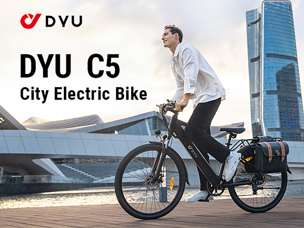 DYU C5 City Electric Bike, 250W motor, 48V 10AH batéria, 27.5 palcová pneumatika, max. rýchlosť 25 km/h, dojazd 65 km, dvojkotúčové brzdy, 7-rýchlostná prevodovka Shimano