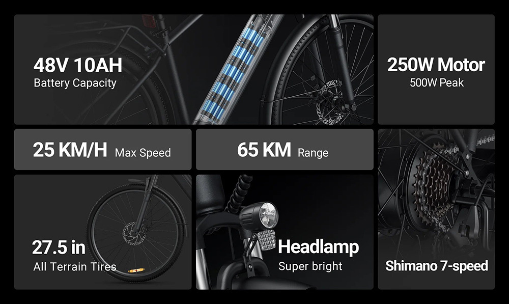 Mestský elektrický bicykel DYU C5, 250W motor, 48V 10AH batéria, 27,5-palcové pneumatiky, max. rýchlosť 25 km/h, dojazd 65 km, dvojkotúčové brzdy, 7-stupňová prevodovka Shimano