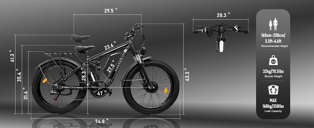 Elektrobicykel Dakeya Da03, 1000W*2 motor, 48V 22,4AH batéria, 26*4-palcové pneumatiky, max. rýchlosť 56 km/h, dojazd 105 km, predné & zadné hydraulické kotúčové brzdy, systém úplného odpruženia, Shimano 7 rýchlostí, max. zaťaženie 160 kg