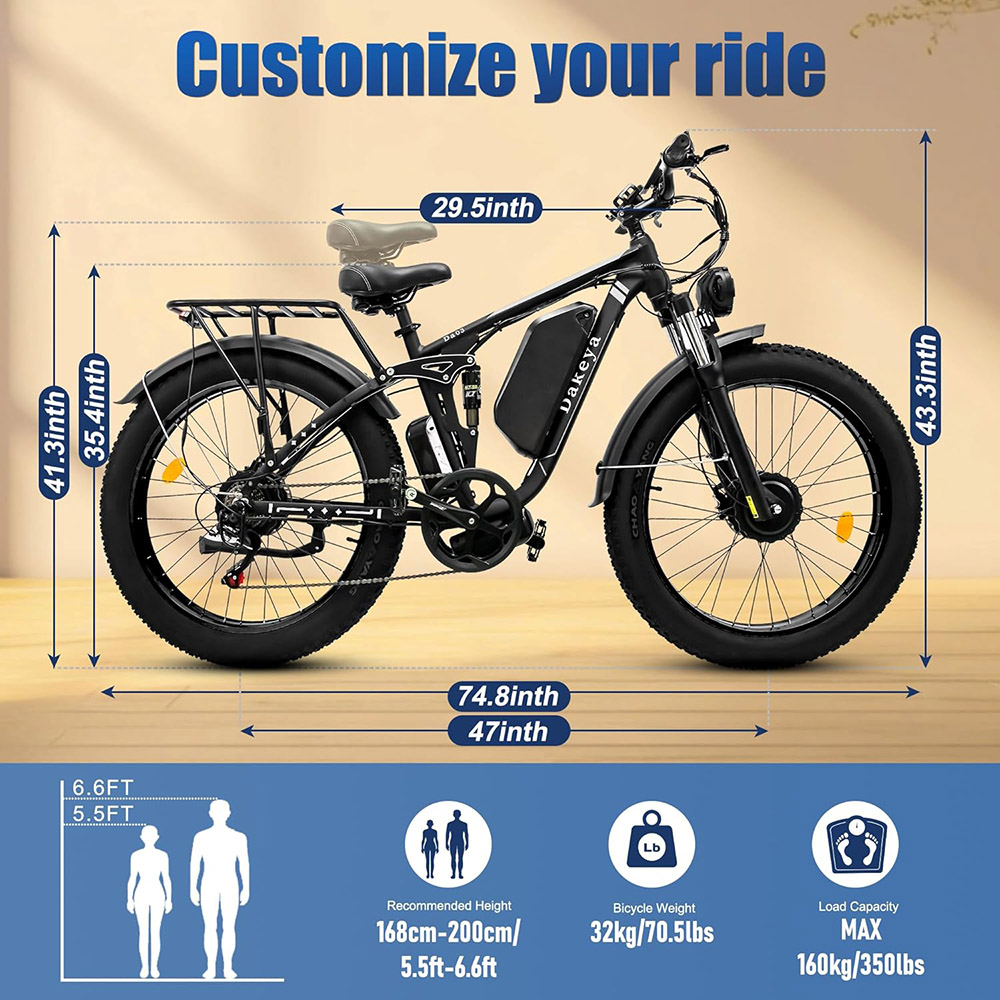 Dakeya Da03 Electric Bike, 1000W*2 Motor, 48V 22.4AH batéria, 26*4-palcové pneumatiky, max. rýchlosť 56 km/h, dojazd 105 km, predné a zadné hydraulické kotúčové brzdy, systém úplného odpruženia, 7-stupňová prevodovka Shimano, max. zaťaženie 160 kg