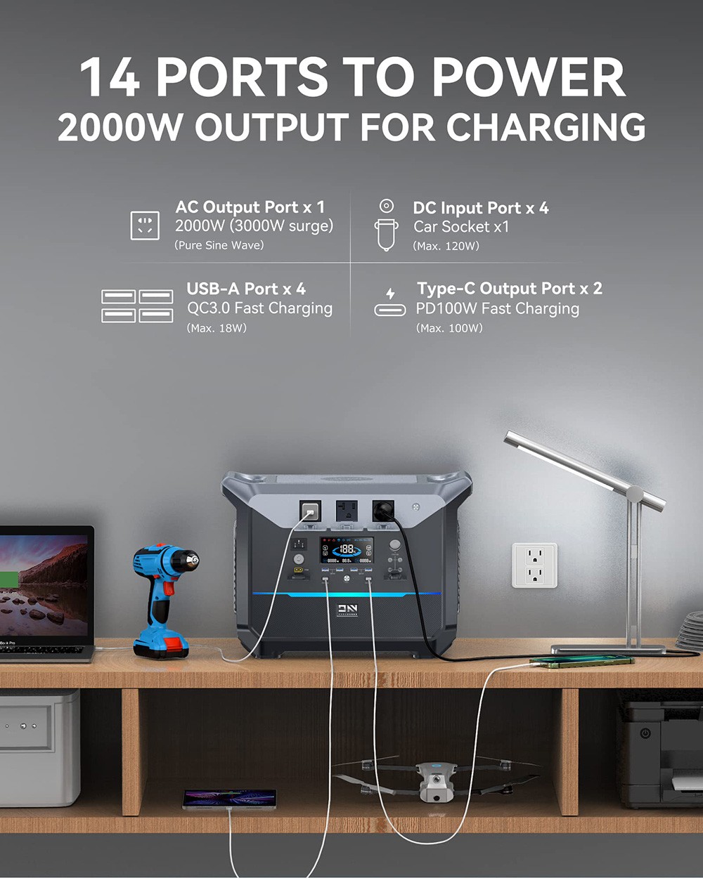 DaranEner NEO2000 Tragbares Kraftwerk, Solargenerator mit 2073,6 Wh LiFePO4-Akku, 2000 W AC-Ausgang, 1,8 Stunden Vollladung