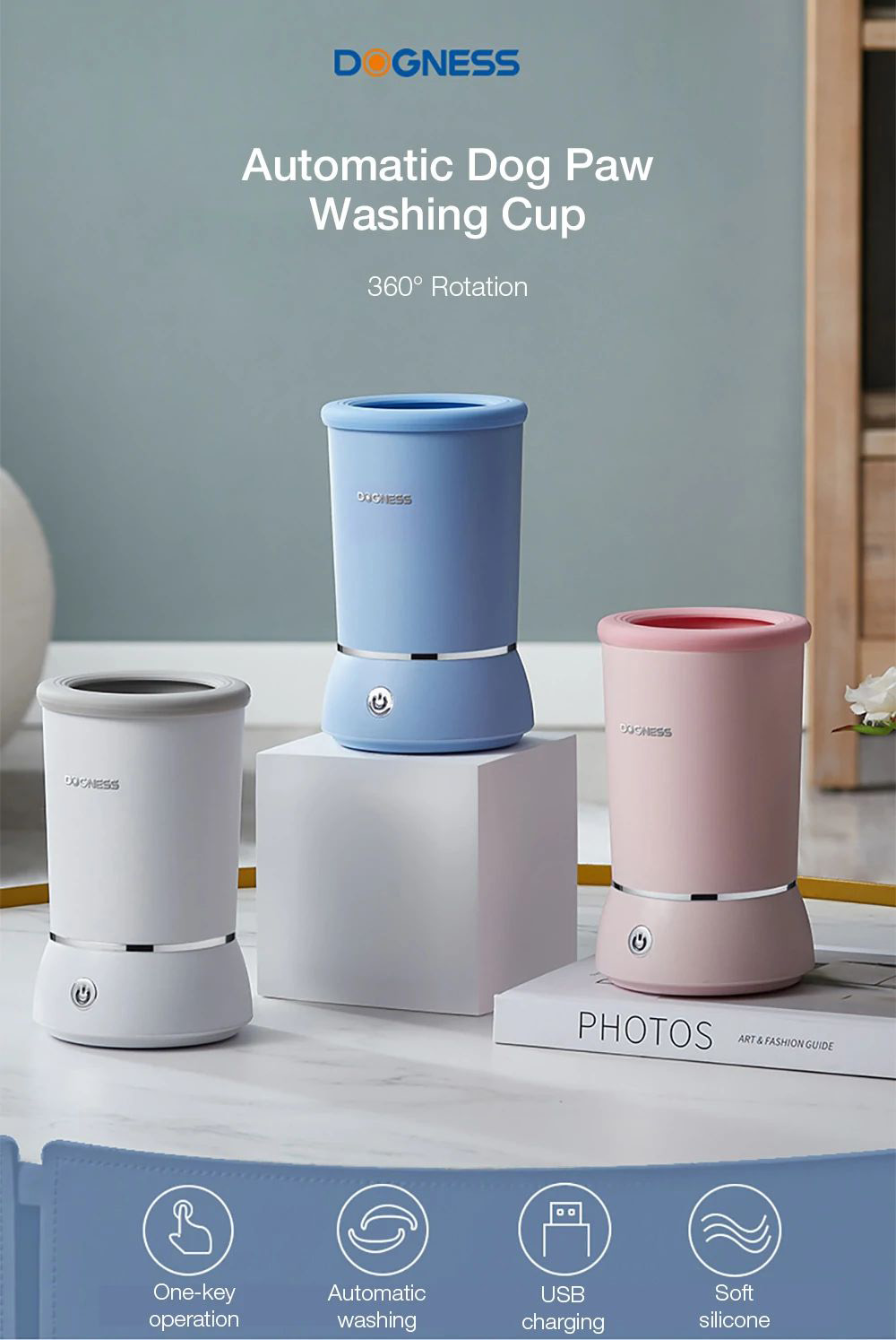 Dogness Pet Paws Washer Cup with Soft Silicone Bristles, Foot Washing for Puppy Cat - White