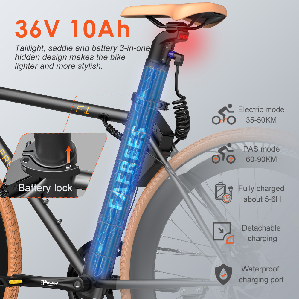 Fafrees F1 Electric Bike, 250W motor, 36V 10AH batéria, pneumatiky CST 700C*38C, max. rýchlosť 25 km/h, max. dojazd 90 km, dvojité mechanické kotúčové brzdy - oranžová