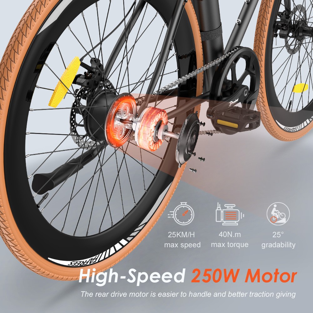 Fafrees F1 Electric Bike, 250W motor, 36V 10AH batéria, pneumatiky CST 700C*38C, max. rýchlosť 25 km/h, max. dojazd 90 km, dvojité mechanické kotúčové brzdy - oranžová