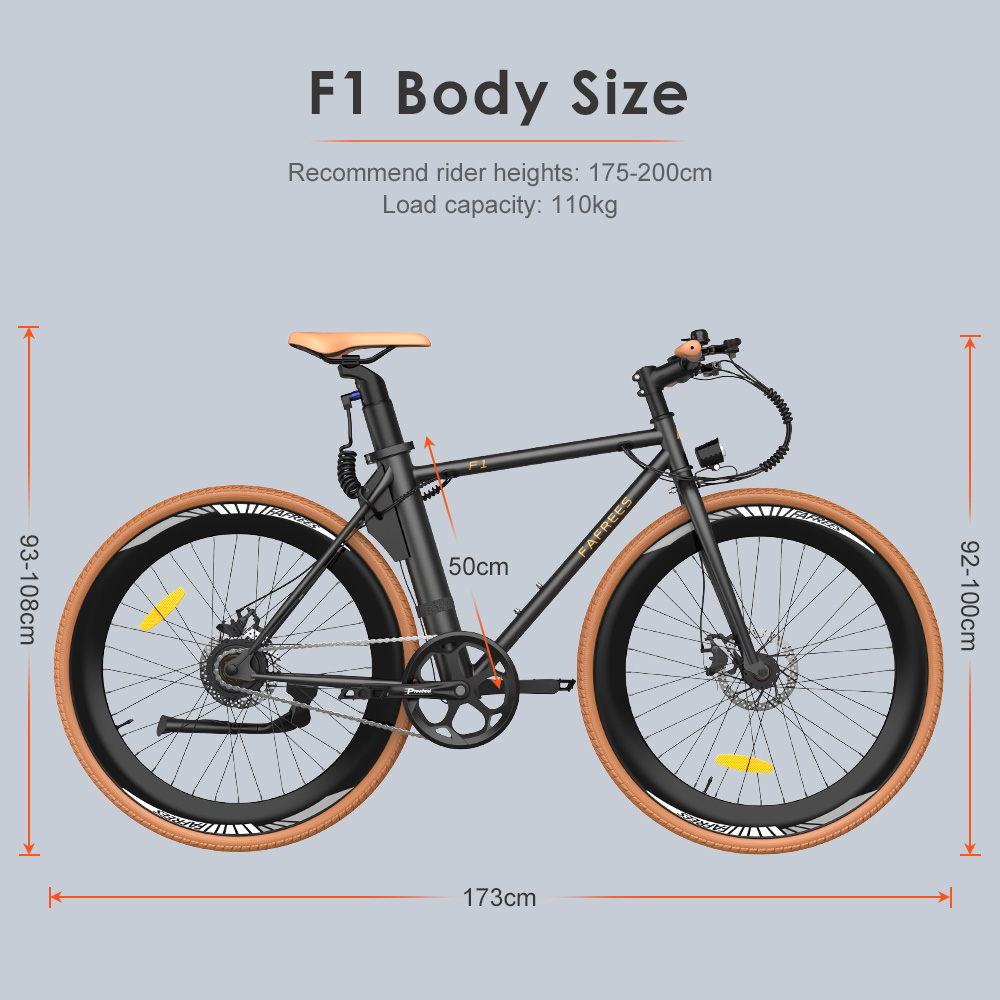 Fafrees F1 Electric Bike, 250W motor, 36V 10AH batéria, pneumatiky CST 700C*38C, max. rýchlosť 25 km/h, max. dojazd 90 km, dvojité mechanické kotúčové brzdy - oranžovo-čierny