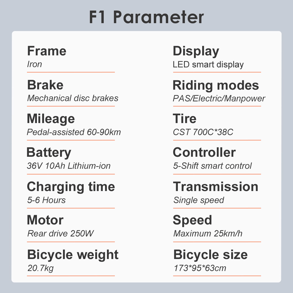 Elektrobicykel Fafrees F1, 250W motor, 36V 10AH batéria, pneumatiky CST 700C*38C, max. rýchlosť 25 km/h, max. dojazd 90 km, duálne mechanické kotúčové brzdy - oranžovo čierny