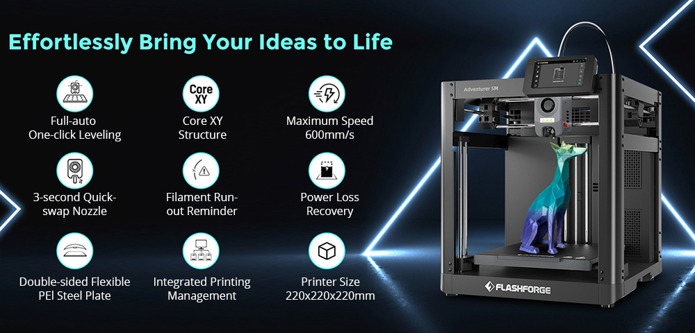 Flashforge Adventurer 5M 3D Printer, Auto Leveling, 600mm/s Max Sprinting Speed, Filament Runout Reminder, Power Loss Recovery, 4.3-inch LCD Touchscreen, WiFi Connection, 220x220x220mm