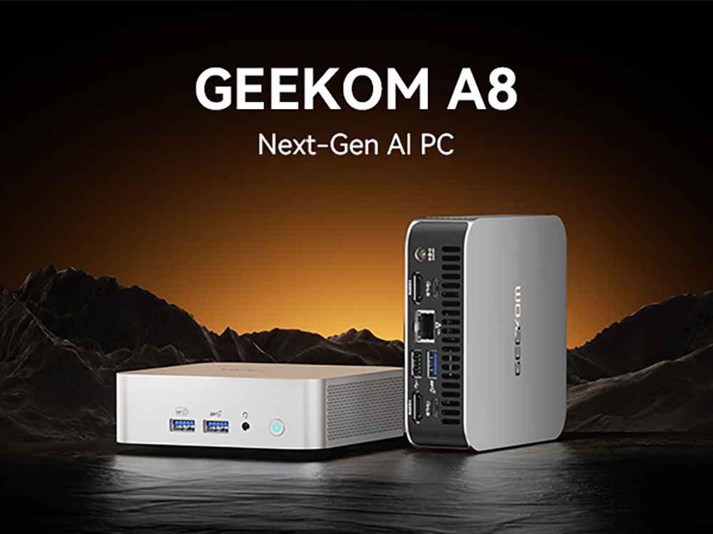 GEEKOM A8 AI Mini PC, AMD Ryzen 7 8845HS 8 Cores Max 5.1GHz, 32GB RAM 1TB SSD, USB3.2 Type-C (8K@30Hz) + USB4.0 Type-C (8K@30Hz) + 2*HDMI 2.0 (4K@60Hz) Four Screen Display, WiFi 6E Bluetooth 5.2, 3*USB3.2 Type-A 1*USB2.0 1*RJ45 1*Headset Jack