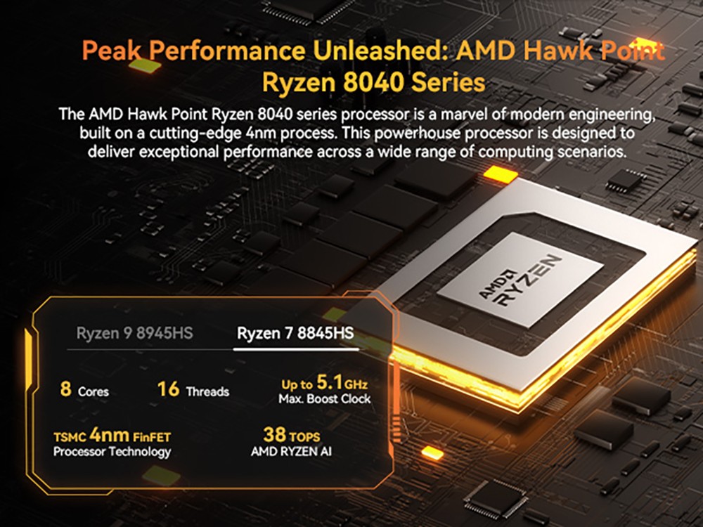 GEEKOM A8 AI Mini PC, AMD Ryzen 7 8845HS 8 Cores Max 5.1GHz, 32GB RAM 1TB SSD, USB3.2 Type-C (8K@30Hz) + USB4.0 Type-C (8K@30Hz) + 2*HDMI 2.0 (4K@60Hz) Four Screen Display, WiFi 6E Bluetooth 5.2, 3*USB3.2 Type-A 1*USB2.0 1*RJ45 1*Headset Jack