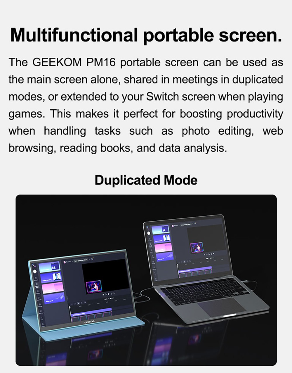 GEEKOM PM16 16-inch Portable Monitor with Smart Cover, 1920*1200 FHD Display, 178 ° Viewing Angle, 800:1 Contrast Ratio, 2* Full-function Type-C, 1*Mini HDMI, External Gaming Monitor for PC, Phone, Tablet, Xbox, PS4, Switch