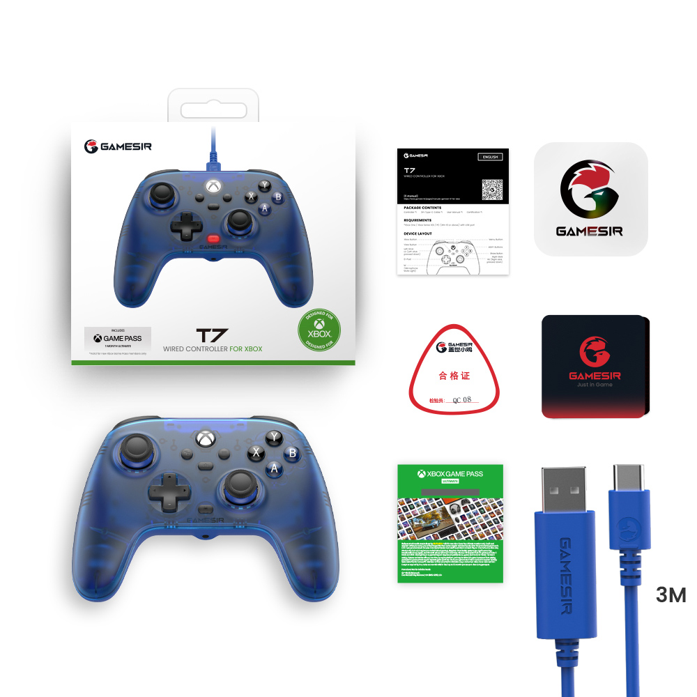 [Xbox Certified] GameSir T7 Wired Game Controller, 1-month Free XGPU, Hall Effect Sticks, Hall Triggers, Compatible with Xbox and Xbox One X/S Series, Steam, Windows 10/11 - Sapphire Blue