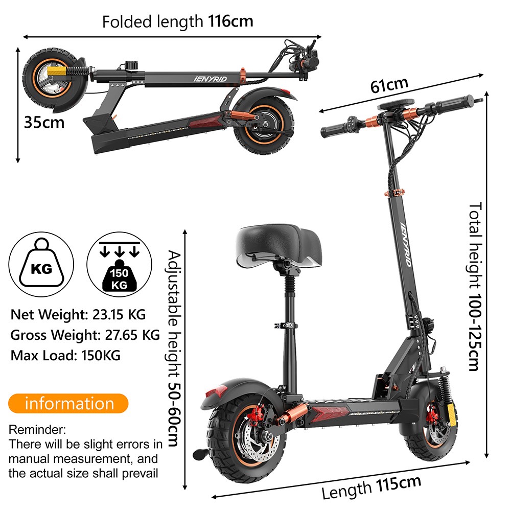 IENYRID M4 Pro S+ Elektrický skúter, 800W motor, 48V 12.5AH batéria, 10-palcová pneumatika, max. rýchlosť 45 km/h, dojazd 20-30 km, dvojkotúčové brzdy, dvojité tlmenie nárazov, LCD displej