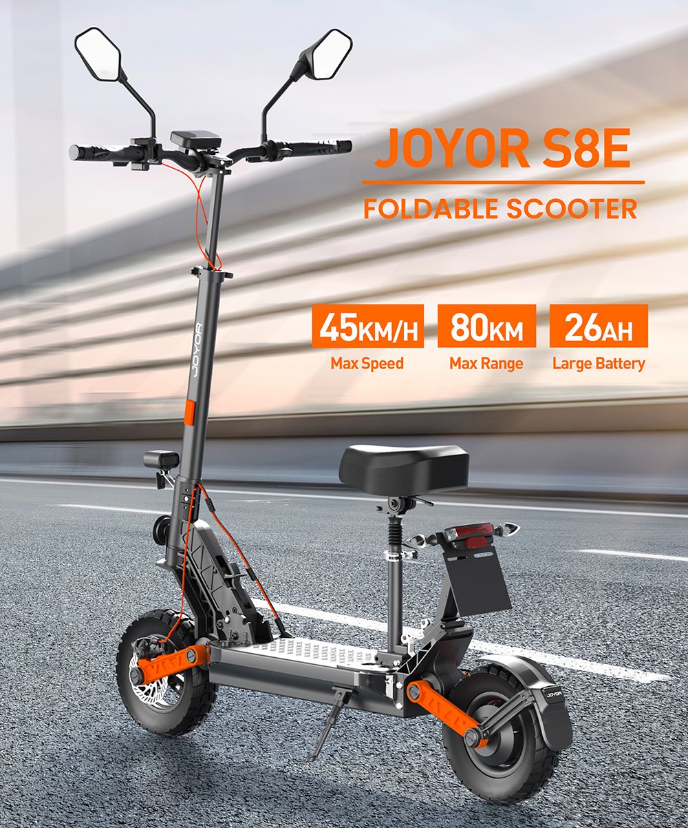 Elektrická kolobežka JOYOR S8E, 800W motor, 48V 26AH batéria, 10-palcové pneumatiky, max. rýchlosť 45 km/h, dojazd 80 km, predné a zadné kotúčové brzdy, predné a zadné tlmiče