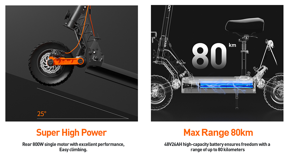 JOYOR S8E Electric Scooter, 800W motor, 48V 26AH batéria, 10-palcové pneumatiky, max. rýchlosť 45 km/h, dojazd 80 km, predné a zadné kotúčové brzdy, predné a zadné tlmiče