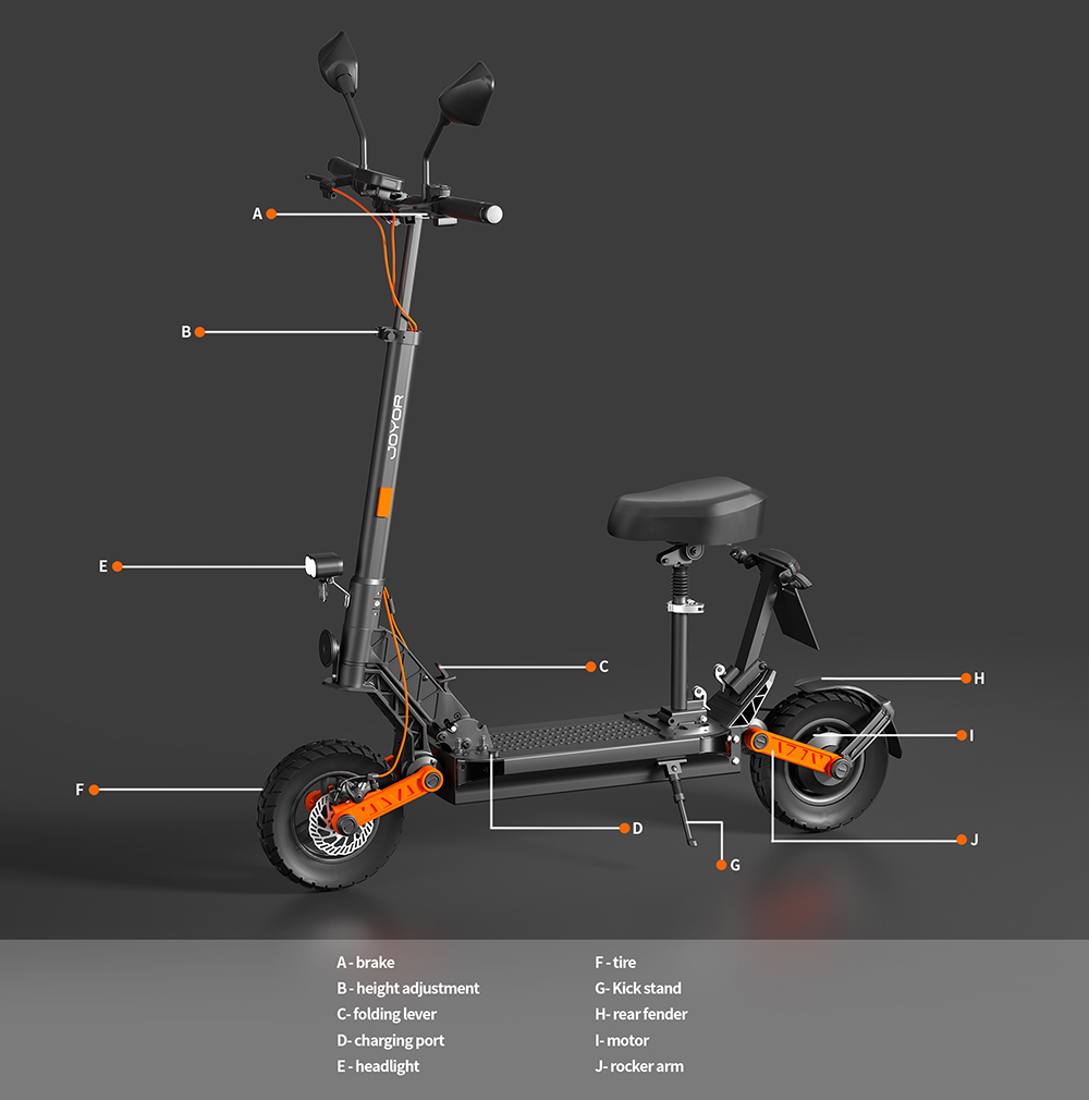 JOYOR S8E Electric Scooter, 800W motor, 48V 26AH batéria, 10-palcové pneumatiky, max. rýchlosť 45 km/h, dojazd 80 km, predné a zadné kotúčové brzdy, predné a zadné tlmiče