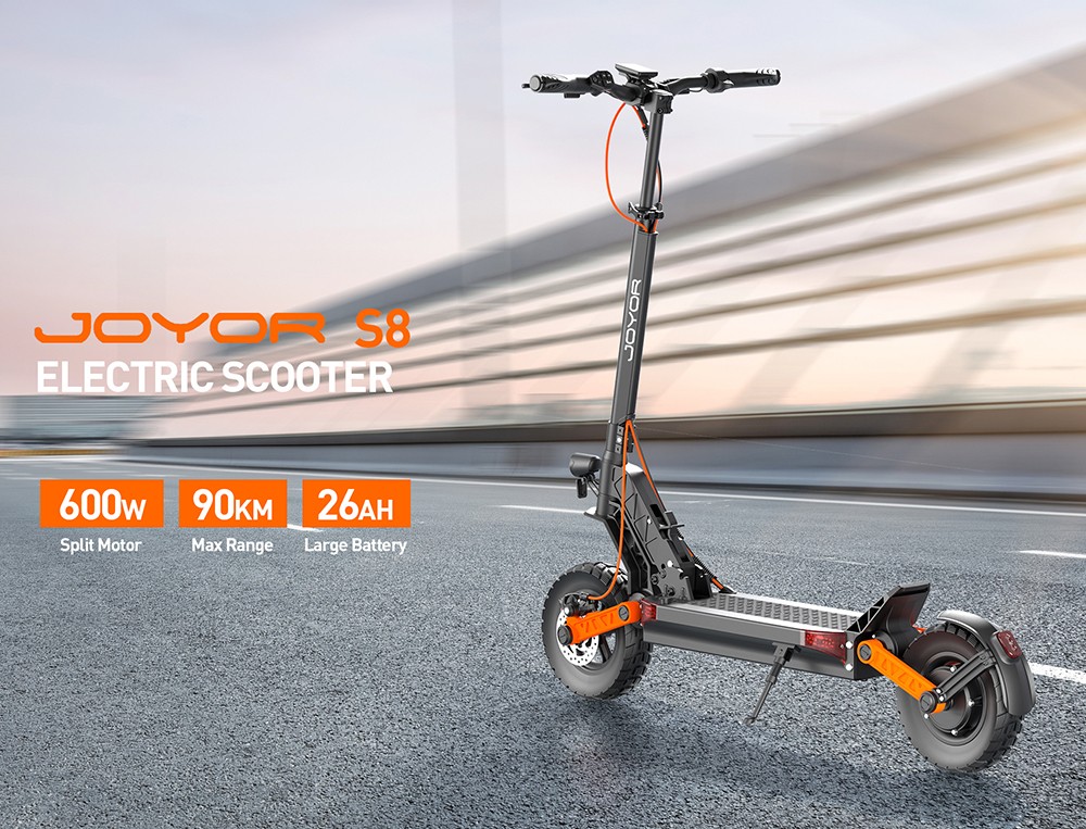 Elektrická kolobežka Joyor S8, 600W motor, 48V 26AH batéria, 10-palcové pneumatiky, max. rýchlosť 25 km/h, dojazd 90 km, dvojitá mechanická kotúčová brzda