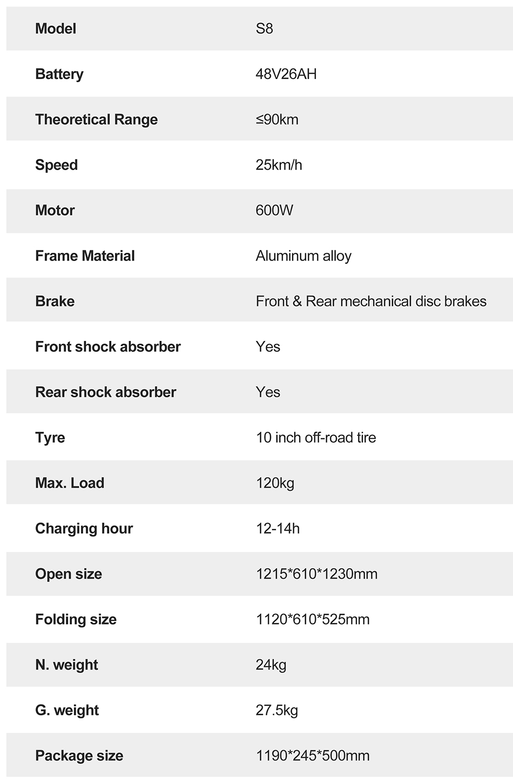 Joyor S8 Electric Scooter, 600W motor, 48V 26AH batéria, 10 palcové pneumatiky, max. rýchlosť 25 km/h, dojazd 90 km, dvojitá mechanická kotúčová brzda