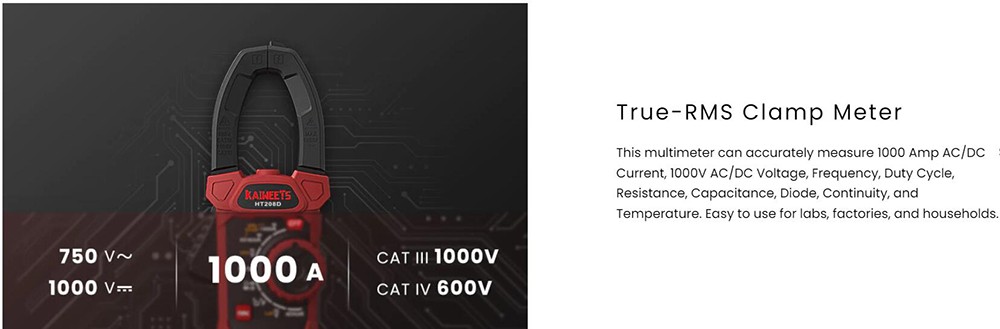 KAIWEETS HT208D Inrush Clamp Meter, 1000A True RMS, VFD, LOZ Mode, 6000 Counts