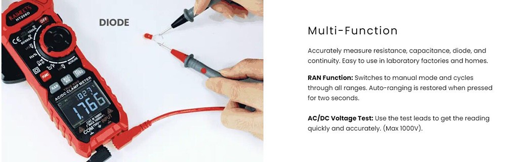 KAIWEETS HT208D Inrush Clamp Meter, 1000A True RMS, VFD, LOZ Mode, 6000 Counts