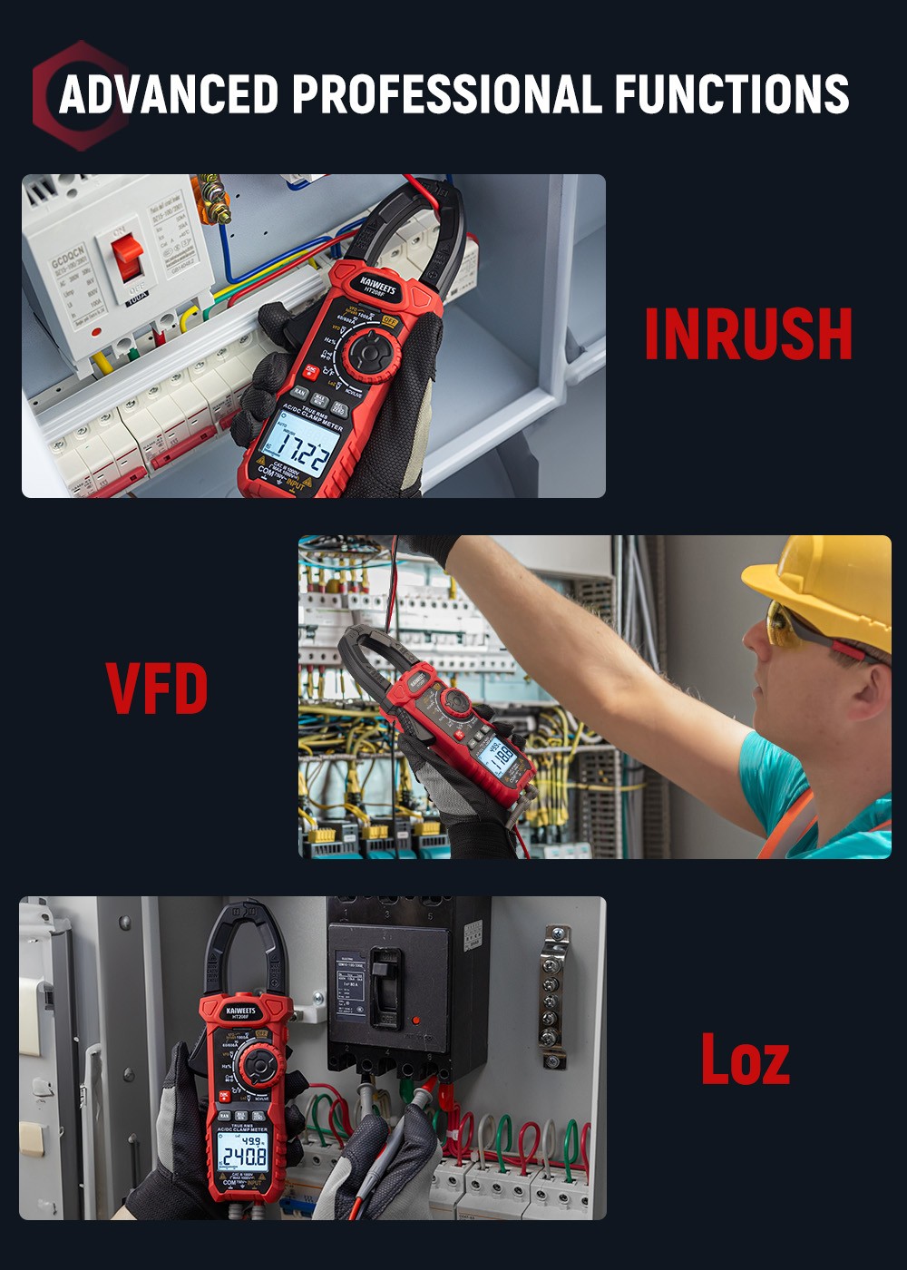 KAIWEETS HT208F Inrush Digital Clamp Meter, 1000A s podsvietením, TRMS 6000 počtov, 15min automatické vypnutie, 38mm veľká čeľusť