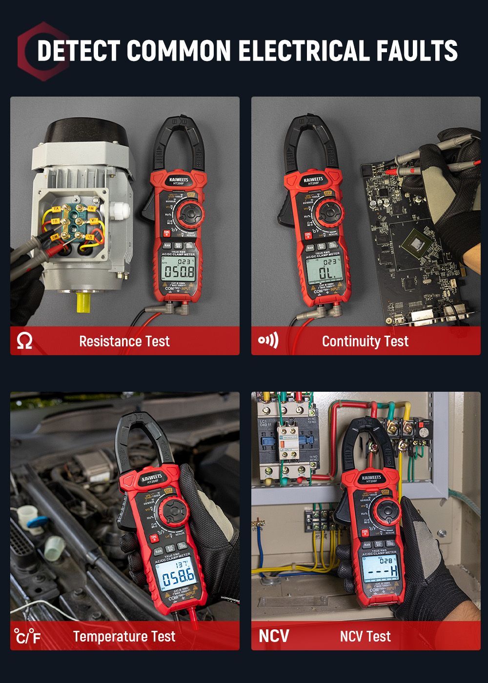 KAIWEETS HT208F Inrush Digital Clamp Meter, 1000A s podsvietením, TRMS 6000 počtov, 15min automatické vypnutie, 38mm veľká čeľusť