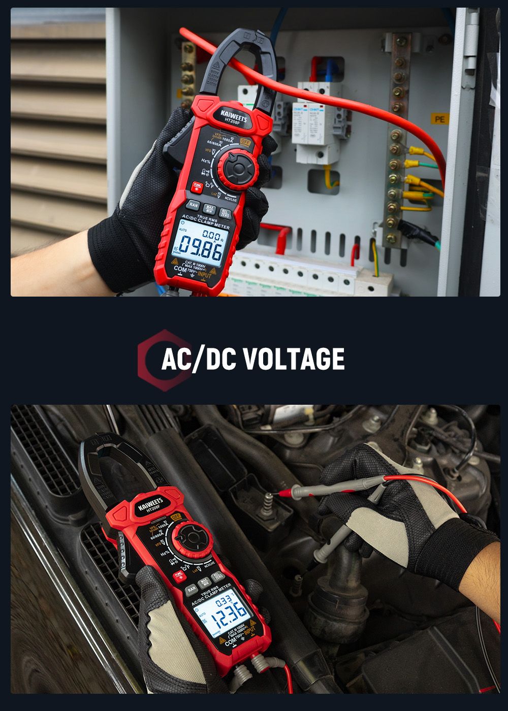 KAIWEETS HT208F Inrush Digital Clamp Meter, 1000A s podsvietením, TRMS 6000 počtov, 15min automatické vypnutie, 38mm veľká čeľusť