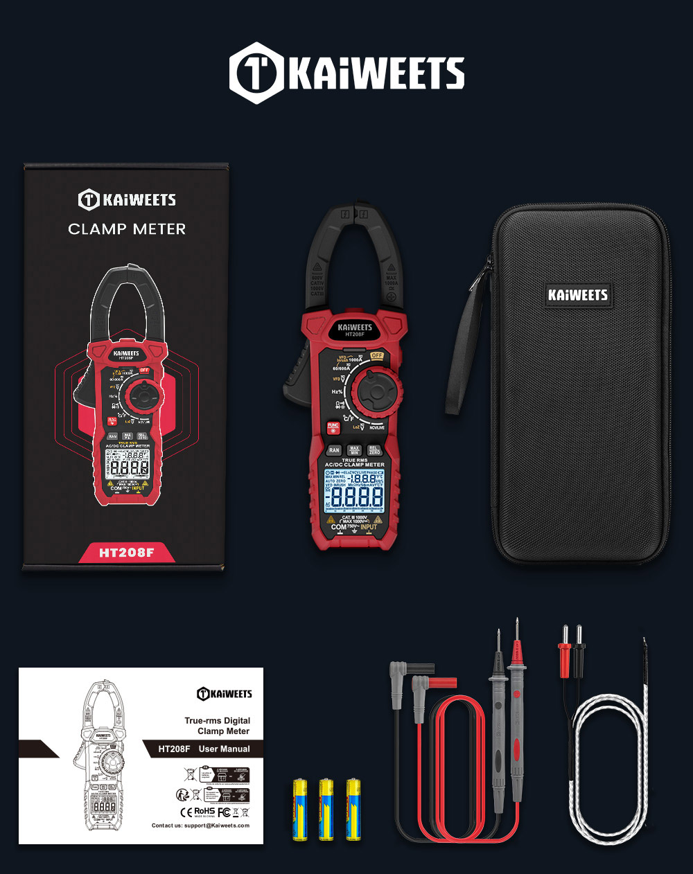 KAIWEETS HT208F Inrush Digital Clamp Meter, 1000A s podsvietením, TRMS 6000 počtov, 15min automatické vypnutie, 38mm veľká čeľusť