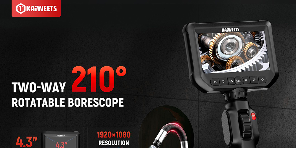 KAIWEETS KBA01 Two-Way Articulating Borescope, 210° Rotatable Camera, 8 LED Lights, 4.3-palcový displej, 1920*1080P, IP67 vodotesný