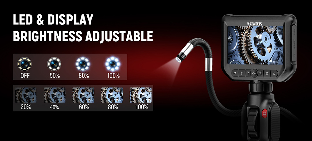 KAIWEETS KBA01 Two-Way Articulating Borescope, 210&deg; Rotatable Camera, 8 LED Lights, 4.3inch Display, 1920*1080P, IP67 Waterproof