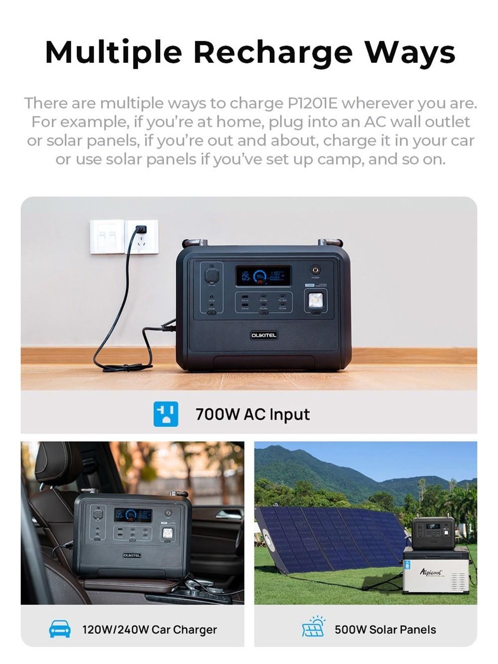 OUKITEL P1201 Portable Power Station, 960Wh LiFePo4 Akku, 3500+Lebensdauer, 1200W AC Ausgang, 500W Max Solarladung, 2400W Surge, 11 Ausg&auml;nge, LED Licht