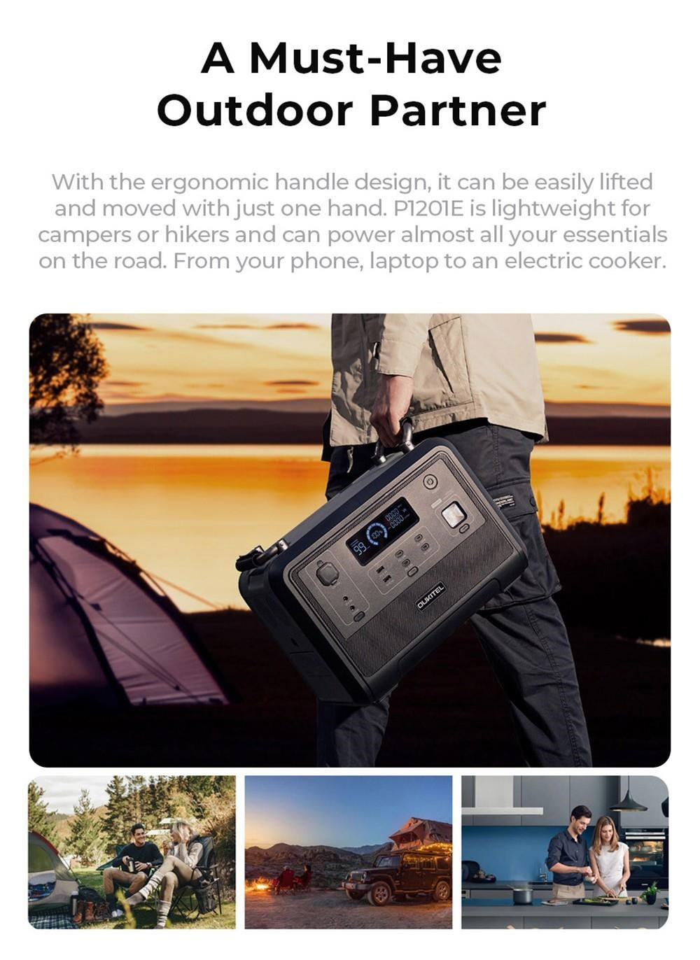 OUKITEL P1201 Portable Power Station, 960Wh LiFePo4 Akku, 3500+Lebensdauer, 1200W AC Ausgang, 500W Max Solarladung, 2400W Surge, 11 Ausg&auml;nge, LED Licht