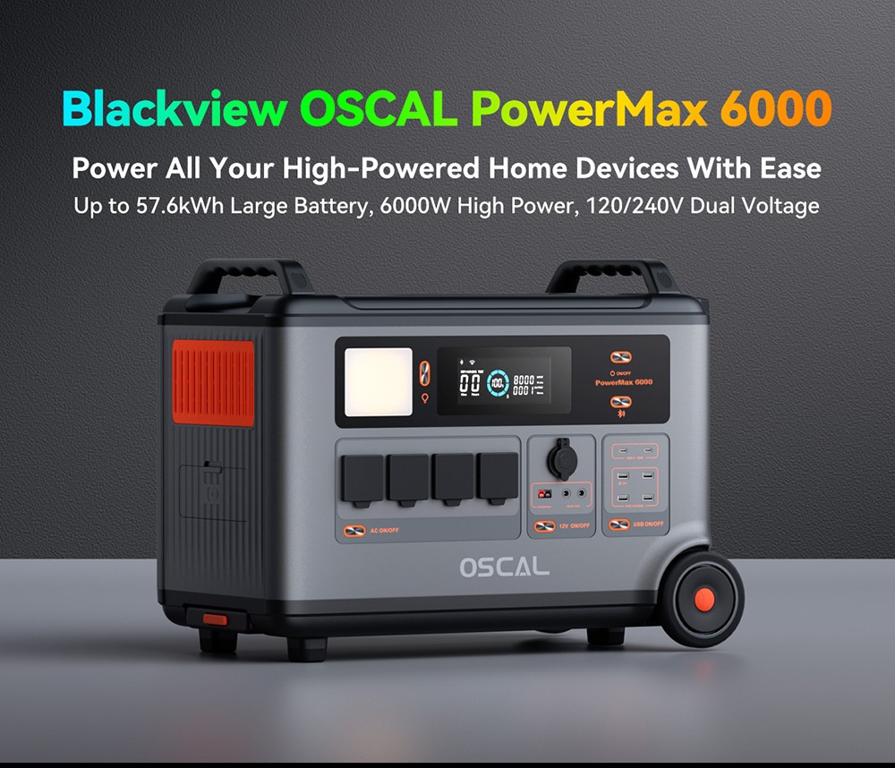 Oscal PowerMax6000 6000W robustná napájacia stanica, 3600Wh až 57600Wh LiFePO4 batéria, 14 výstupov, 120V/240V duálny výstup, 3500+ životnosť, inteligentné ovládanie APP, 5 režimov LED svetla, signál Morseovou abecedou