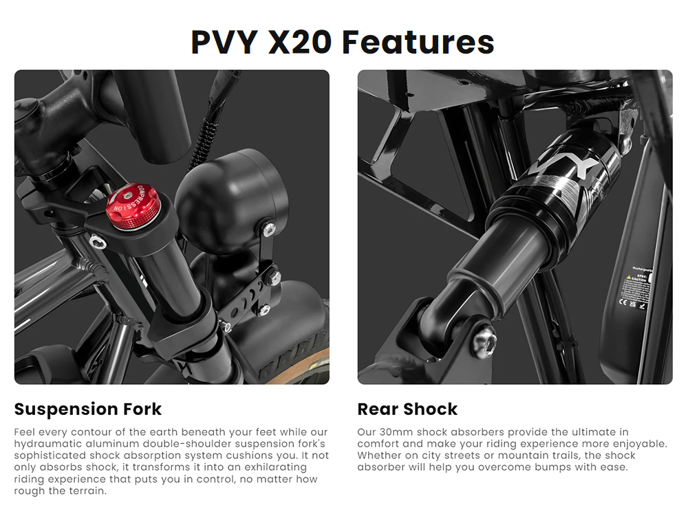 Elektrobicykel PVY X20, 1000W motor, 48V 30Ah duálna batéria, 20*4.0'' Fat Tire, max. rýchlosť 50km/h, max. dojazd 200km, hydraulické kotúčové brzdy, odpružená vidlica, SHIMANO 7 rýchlostí, LCD displej - čierny