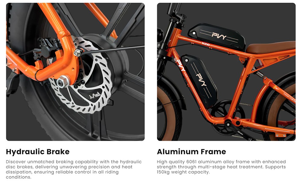 Elektrobicykel PVY X20, 1000W motor, 48V 30Ah duálna batéria, 20*4.0'' Fat Tire, max. rýchlosť 50km/h, max. dojazd 200km, hydraulické kotúčové brzdy, odpružená vidlica, SHIMANO 7 rýchlostí, LCD displej - oranžový