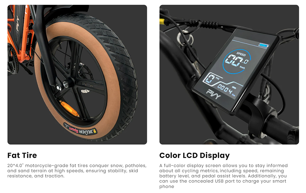 Elektrobicykel PVY X20, 1000W motor, 48V 30Ah duálna batéria, 20*4.0'' Fat Tire, max. rýchlosť 50km/h, max. dojazd 200km, hydraulické kotúčové brzdy, odpružená vidlica, SHIMANO 7 rýchlostí, LCD displej - oranžový