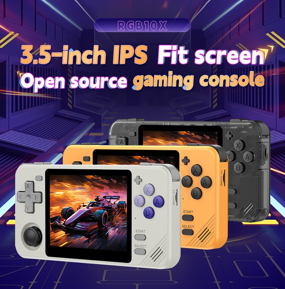 Powkiddy RGB10X Handheld Game Console, Open Source Linux, 3.5-inch 640*480 IPS Screen, 64GB TF Card, 64-bit 3D Simulators, 6 Hours Autonomy - Grey
