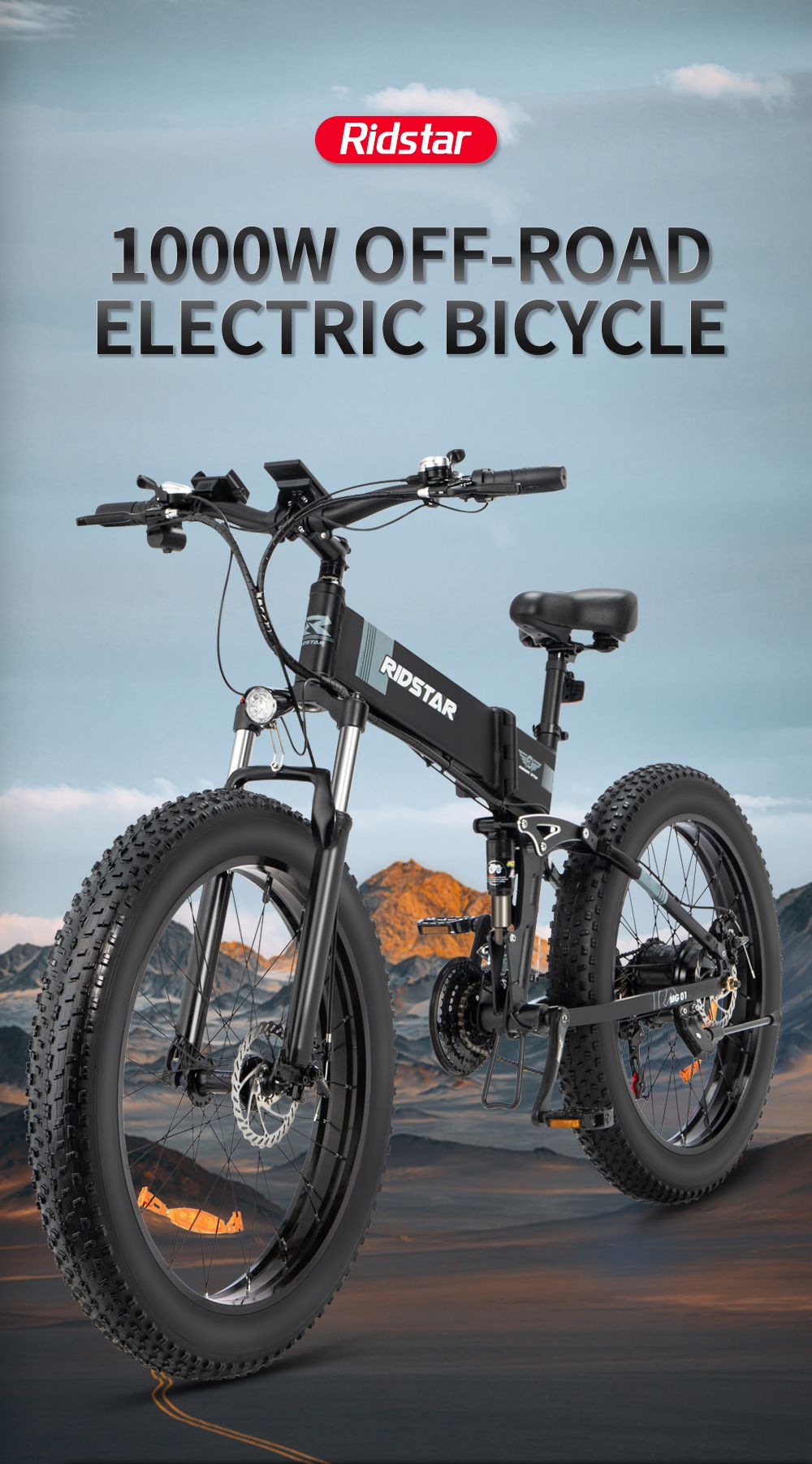 Ridstar H26 Skladací elektrický bicykel, 1000W motor, 48V 15AH batéria, 26*4.0 palcové tukové pneumatiky, max. rýchlosť 45 km/h, dojazd 90 km, mechanické kotúčové brzdy, odpruženie prednej vidlice, Shimano 21 rýchlostí, LCD displej