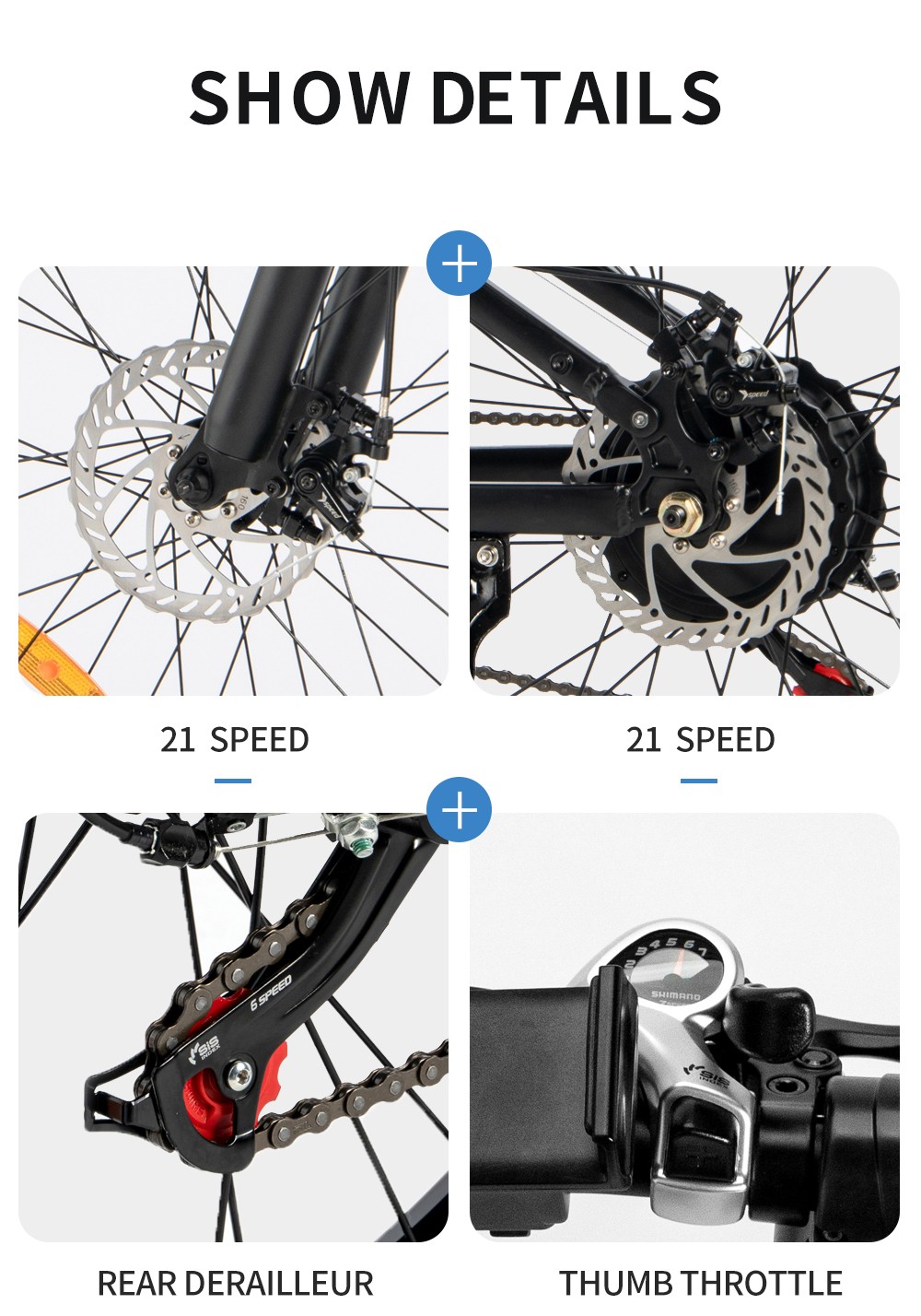 Ridstar H26 Skladací elektrický bicykel, 1000W motor, 48V 15AH batéria, 26*4.0 palcové tukové pneumatiky, max. rýchlosť 45 km/h, dojazd 90 km, mechanické kotúčové brzdy, odpruženie prednej vidlice, Shimano 21 rýchlostí, LCD displej