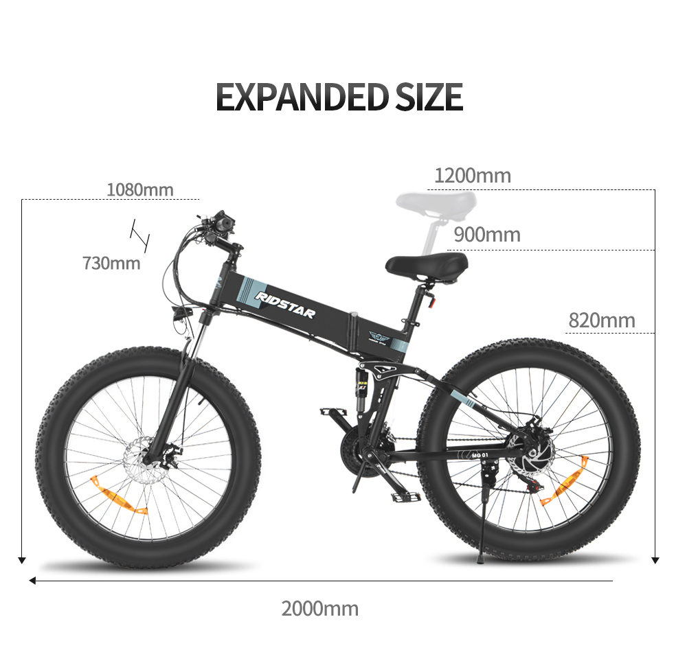 Ridstar H26 Skladací elektrický bicykel, 1000W motor, 48V 15AH batéria, 26*4.0 palcové tukové pneumatiky, max. rýchlosť 45 km/h, dojazd 90 km, mechanické kotúčové brzdy, odpruženie prednej vidlice, Shimano 21 rýchlostí, LCD displej